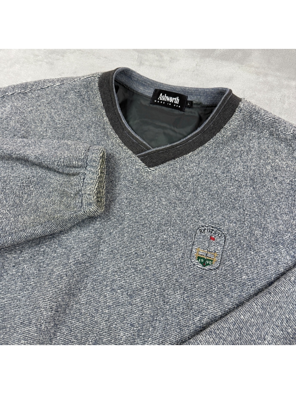 VTG Ashworth Men’s L Made in USA Gray V-Neck Golf Sweater Pullover Lined Grandpa